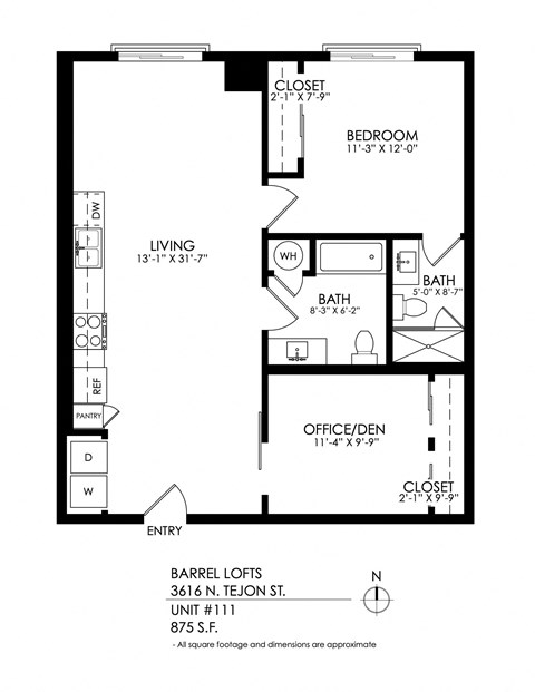 Floor plan for 1 bed, 1 bath, 875 sqft